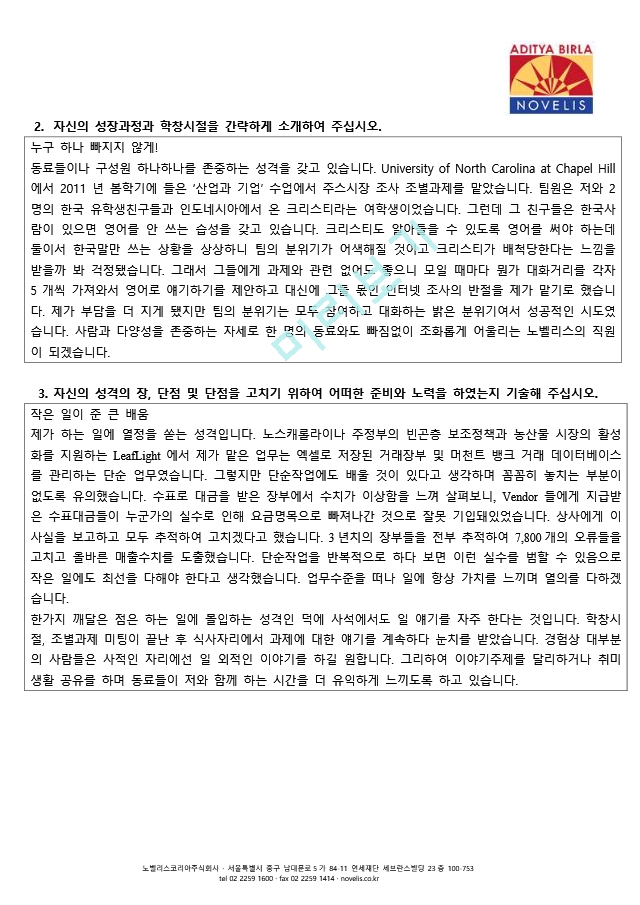 외국계 회사 노벨리스 Novelis 서울 Metal Procurement 합격 국문   영문 이력서   자소서   Cover Letter   (6 )